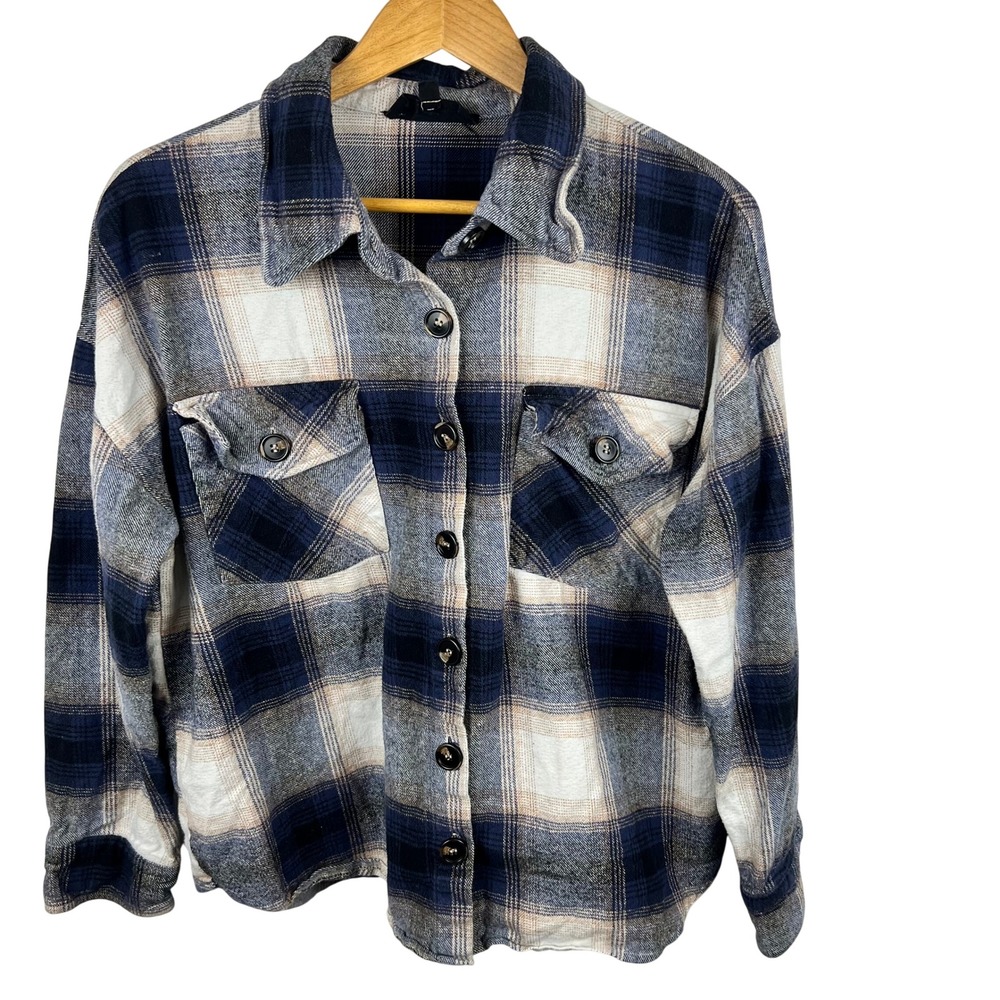 Navy Thick Flannel Plaid Button Down Shirt Large Mens 100% Cotton Lumberjack